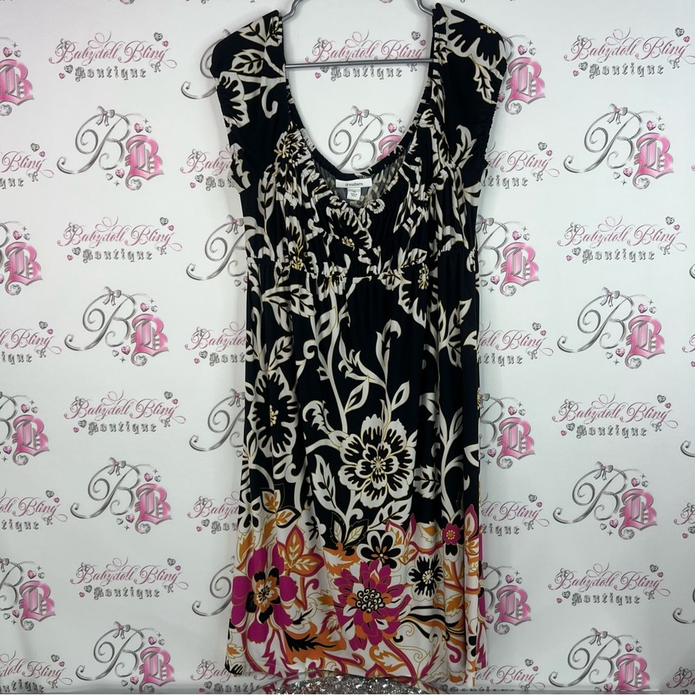 Dressbarn dress smocked paisley pink Black and Cream Floral flowers boho